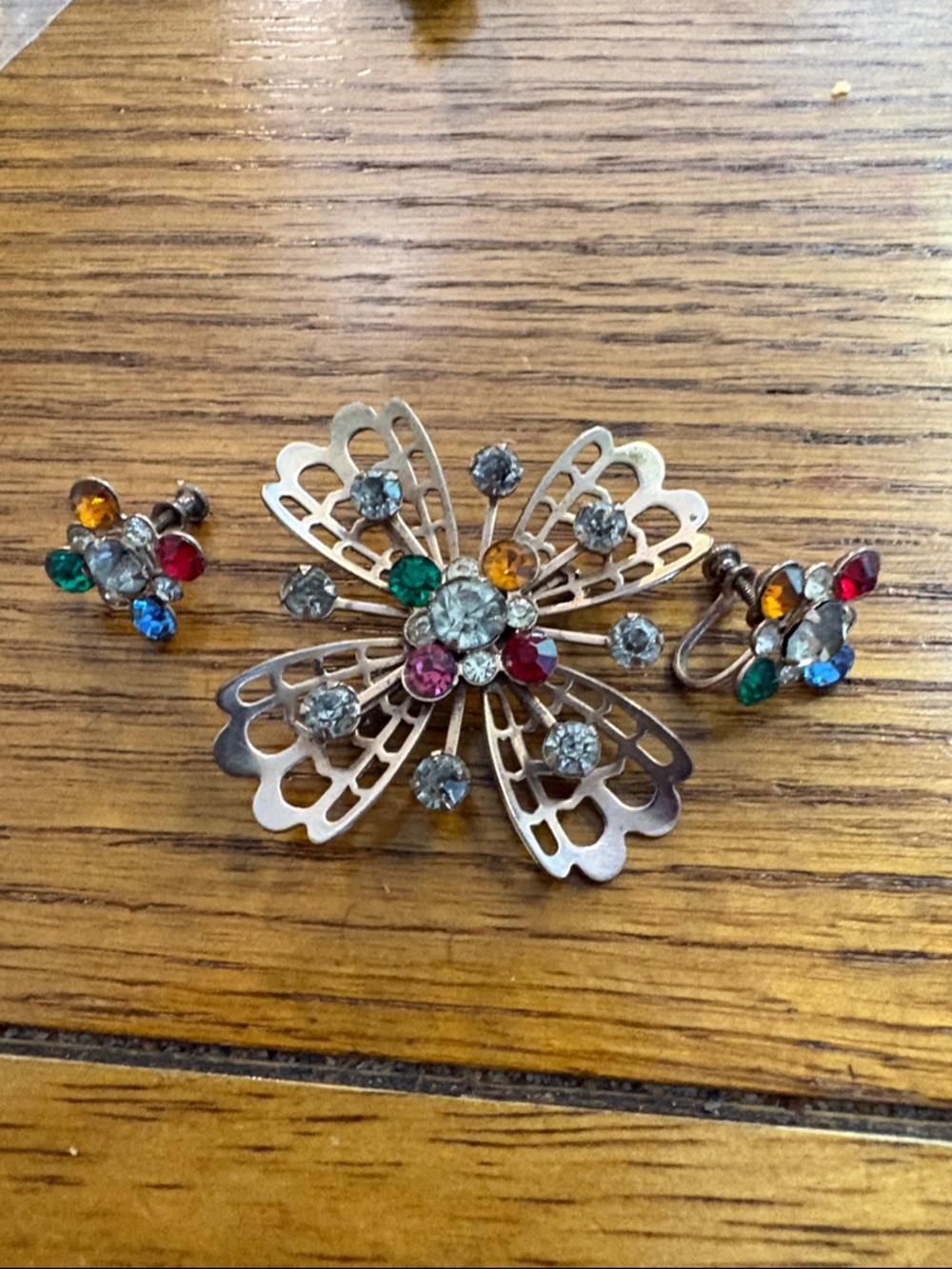 Vintage Multicolor Rhinestone Flower Brooch with Matching Clip-On Earrings